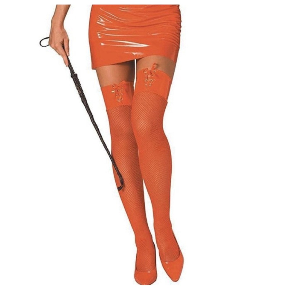 Women's Red Thigh High Fishnets with Silver Studs